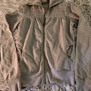 Women's Grey Zip-Front Jacket with Smocked Yoke